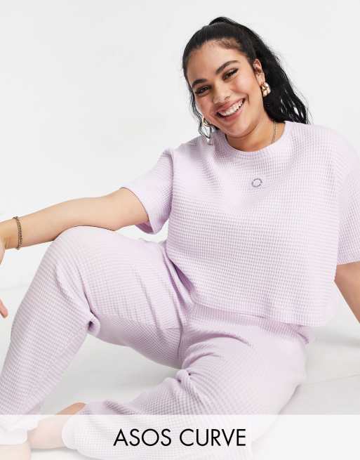 ASOS Weekend Collective Curve exclusive lounge waffle crop tee & jogger in lilac, 2 of 2