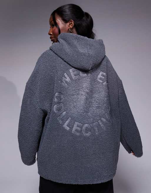 ASOS Weekend Collective Curve - Felpa con cappuccio oversize in pile borg grigio, 3 di 4
