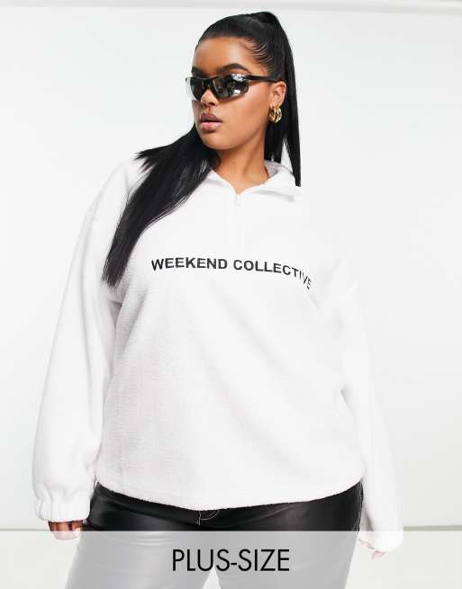 Asos Weekend Collective Curve Half Zip Fleece With Logo In White Asos