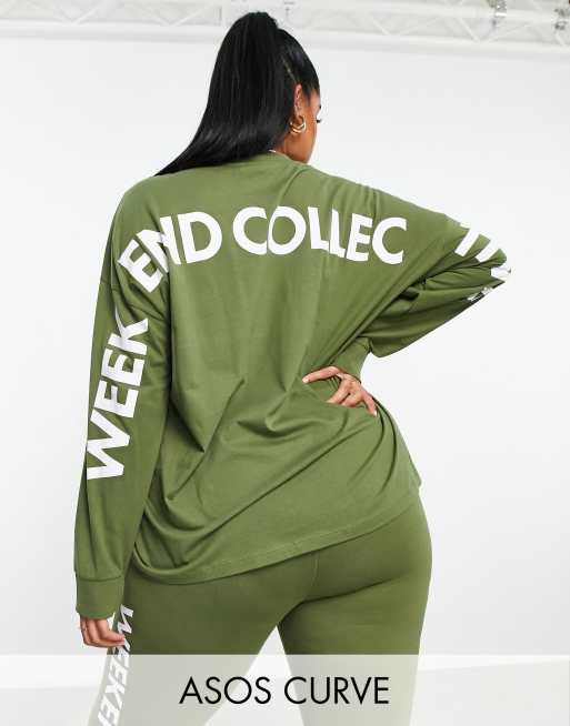 ASOS Weekend Collective Curve – Kakifärgat set med staplat tryck baktill, 2 av 4