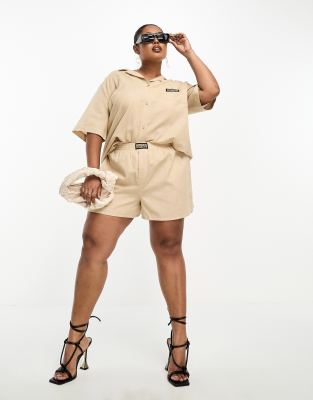 ASOS Weekend Collective Curve - Oversize-Shorts mit Leinenoptik in Steinbeige, Kombiteil-Neutral