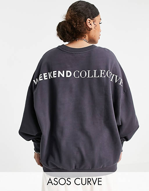 ASOS Weekend Collective Curve oversized logo sweatshirt in slate grey