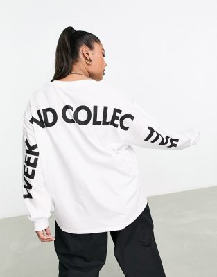 ASOS WEEKEND COLLECTIVE ASOS WEEKEND COLLECTIVE CURVE OVERSIZED LONG SLEEVE T-SHIRT WITH BACK LOGO IN WHITE