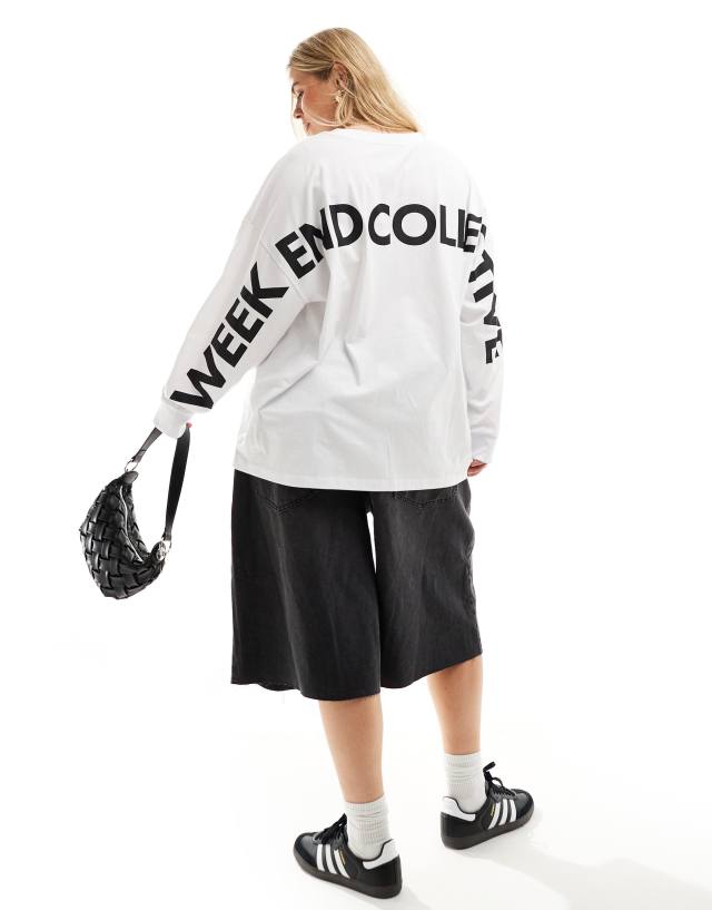 ASOS WEEKEND COLLECTIVE - curve oversized long sleeve t-shirt with back logo in white