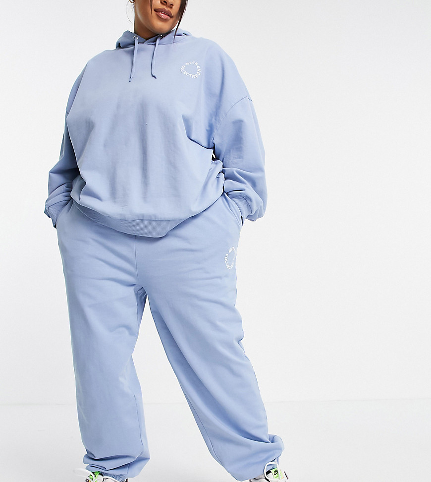 ASOS Weekend Collective Curve oversized sweatpants set with logo in washed blue-Blues