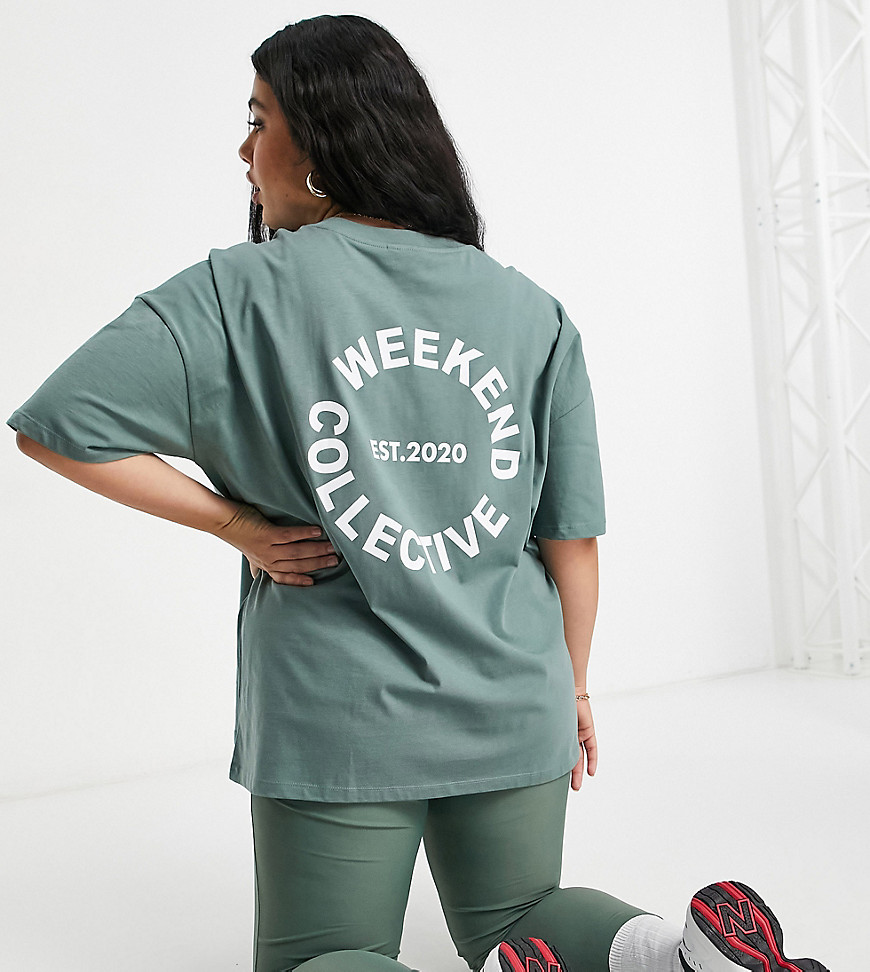ASOS Weekend Collective Curve oversized t-shirt with logo in khaki-Green