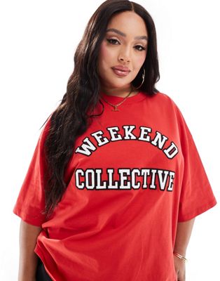 Asos Weekend Collective Curve Oversized T-shirt With Varsity Logo In Red