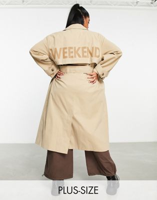 ASOS Weekend Collective Curve printed trench coat in stone