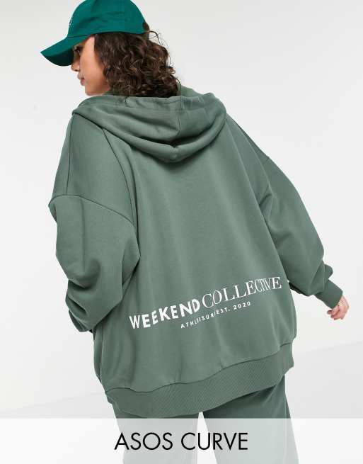 ASOS - Weekend Collective Curve - Sweat à capuche oversize d'ensemble à fermeture éclair et logo - Kaki
