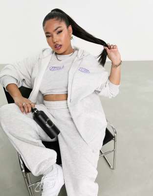 Shop Asos Weekend Collective Curve Zip Through Hoodie In Ice Heather With Back Wca Logo-gray