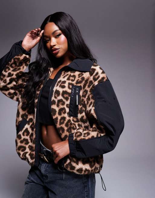 ASOS Weekend Collective – Czarna nylonowa bluza z kożuszkiem w cętki zapinana na zamek