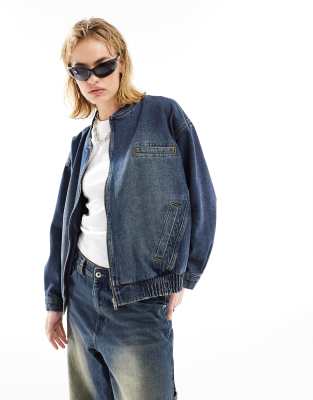 Asos Weekend Collective Denim Bomber Jacket In Mid Blue Wash