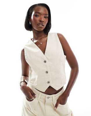 Asos Weekend Collective Denim Tailored Vest In Ecru-white