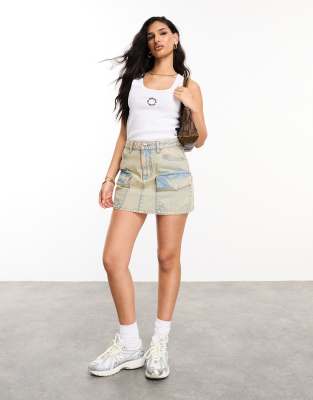 Asos Weekend Collective Denim Utility Mini Skirt In Acid Wash-multi