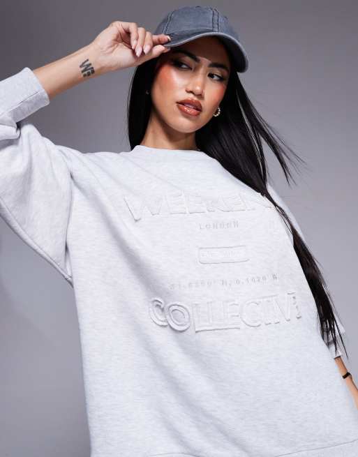 ASOS Weekend Collective distressed logo sweatshirt in gray heather