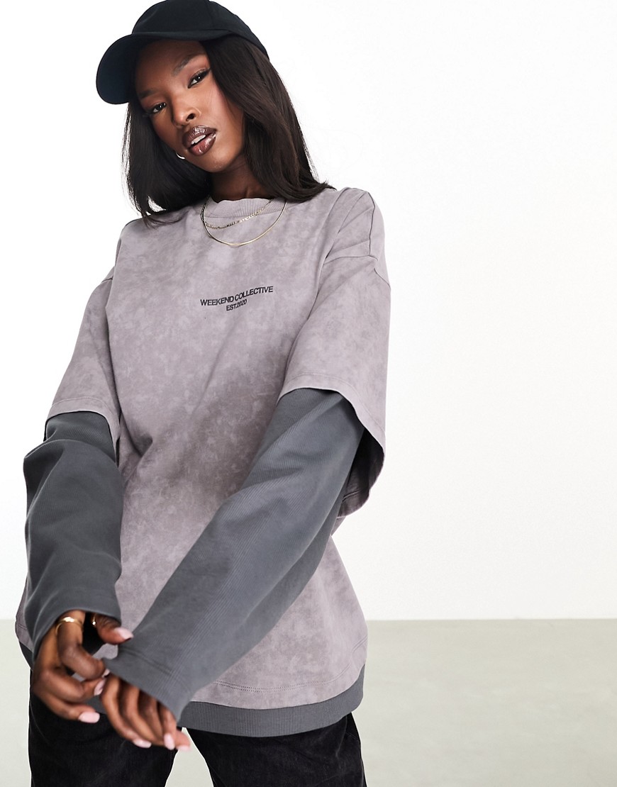 Asos Weekend Collective Double Layer Long Sleeve T-shirt In Charcoal Wash-gray