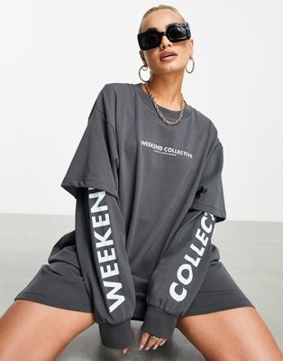 ASOS Weekend Collective double layer t-shirt dress with logo in charcoal