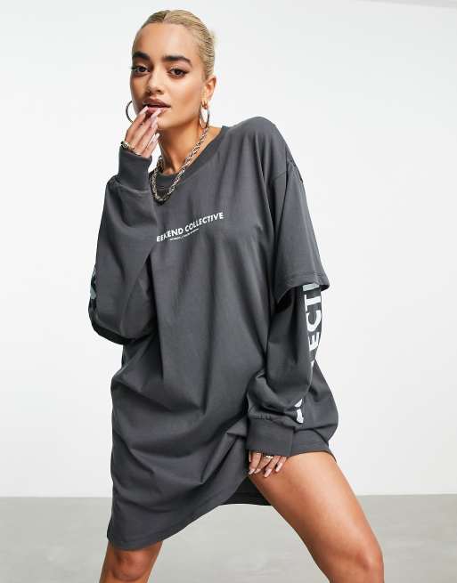 ASOS Weekend Collective double layer t shirt dress with logo in charcoal