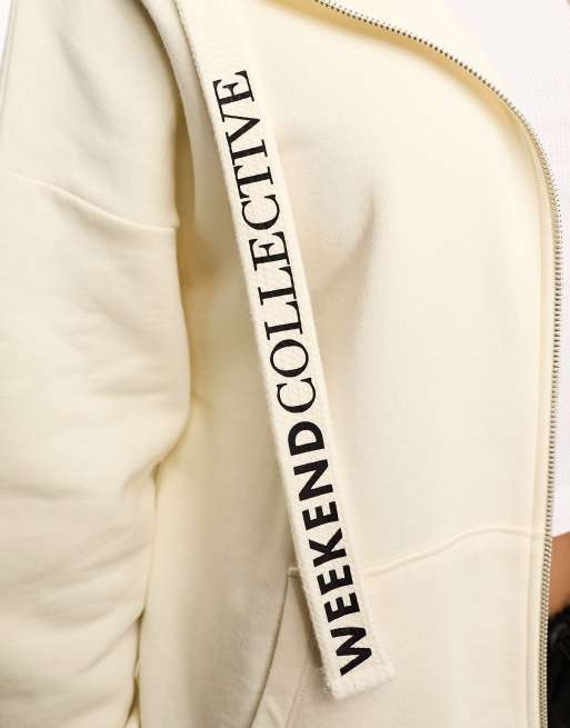 ASOS Weekend Collective - Felpa color crema oversize con cappuccio e chiusura con zip con logo, 3 di 4