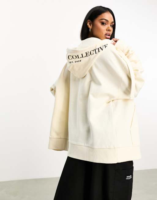 ASOS Weekend Collective - Felpa color crema oversize con cappuccio e chiusura con zip con logo, 4 di 4