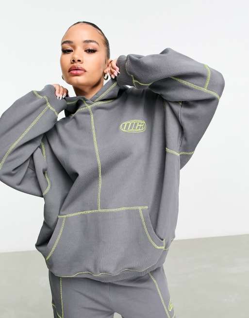 ASOS Weekend Collective - Felpa con cappuccio oversize color ardesia con cuciture a contrasto