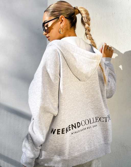 ASOS Weekend Collective - Felpa oversize con cappuccio color ghiaccio mélange con zip e logo in coordinato