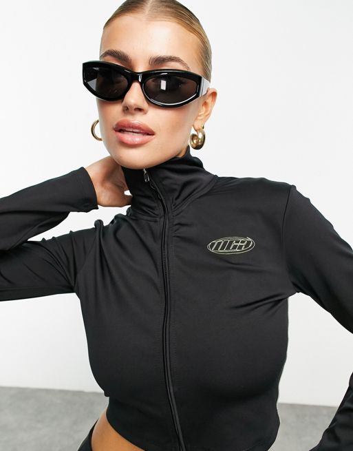 ASOS Weekend Collective fitted zip up sweat jacket in black with contrast  stitch - part of a set