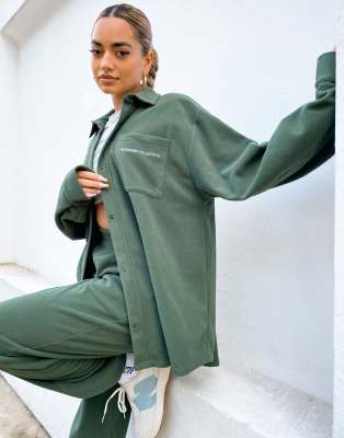 ASOS WEEKEND COLLECTIVE FLEECE SHACKET WITH LOGO IN KHAKI - PART OF A SET-GREEN 
