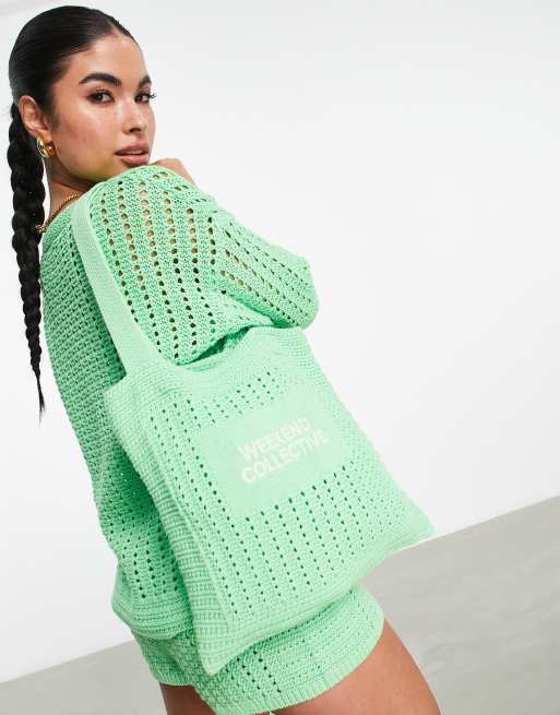 ASOS Weekend Collective - Gehaakte co-ord set met short en top met logo in groen, 3 van 3