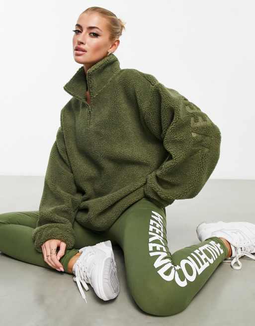 ASOS Weekend Collective half zip borg fleece with back burn out detail in  khaki