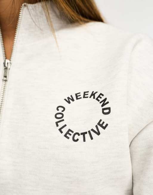 ASOS Weekend Collective half zip sweat with circle logo in ice heather