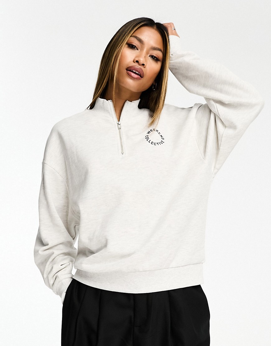 ASOS Weekend Collective half zip sweat with circle logo in ice marl-Grey