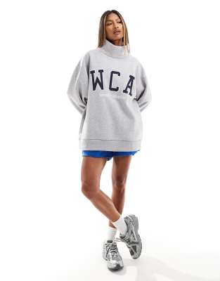 Asos Weekend Collective High Neck Varsity Sweatshirt In Heather Gray