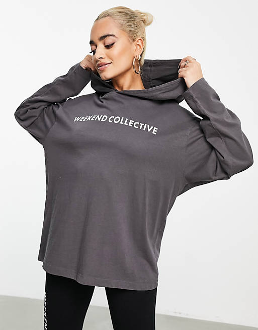  Collective hooded t-shirt with long sleeve and logo in charcoal 