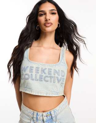 ASOS Weekend Collective - Jeans-Bustier mit Logo mit ungesäumten Rand-Blau