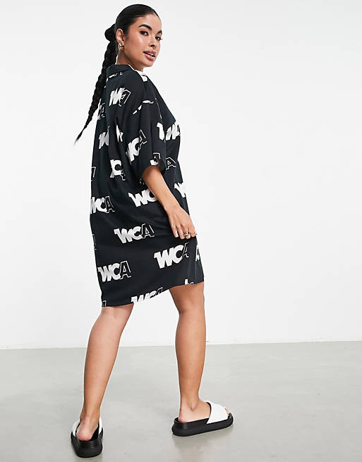 ASOS Weekend Collective jersey shirt dress with short sleeves in WCA all  over print in black