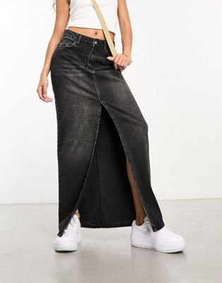 ASOS Weekend Collective denim maxi skirt with front split in washed black - ASOS Price Checker