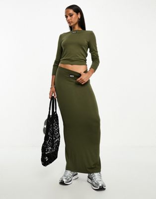 ASOS Weekend Collective co-ord jersey midi skirt with woven label in olive - ASOS Price Checker