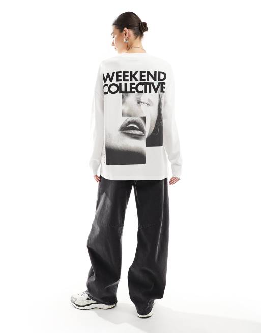 ASOS Weekend Collective – Langärmliges Oberteil in Weiß mit Grafikprint auf dem Rücken