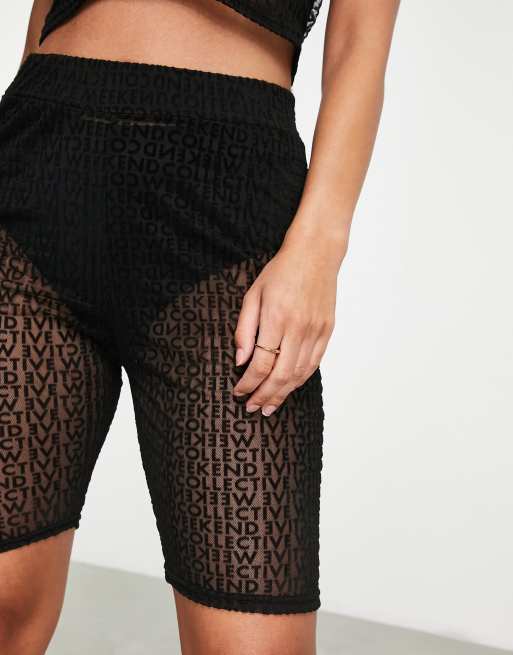 ASOS Weekend Collective legging shorts in flocked mesh graphic in black