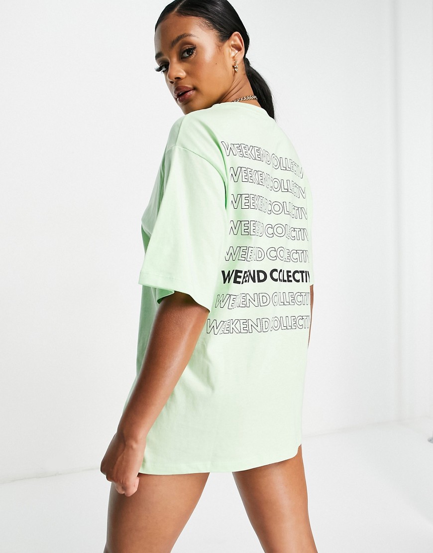 ASOS – Weekend Collective – Limegrön t-shirt i oversize med staplad logga-Grön/a