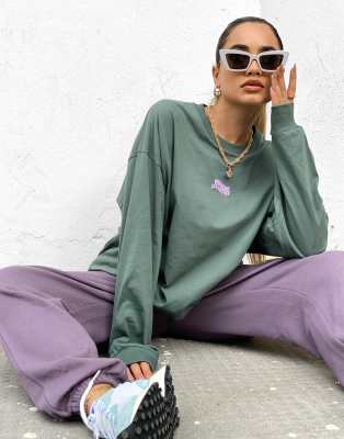 ASOS Weekend Collective long sleeve t-shirt with wavy logo in khaki