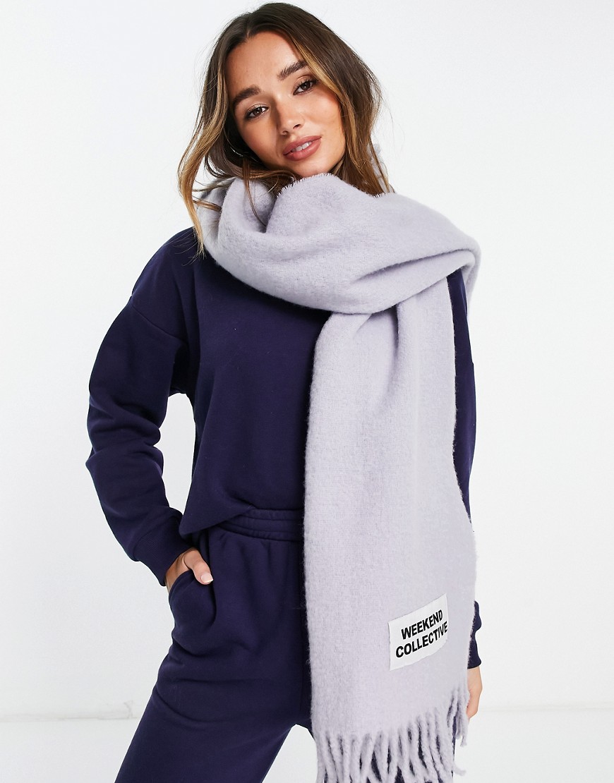 ASOS Weekend Collective long woven fluffy tassel scarf with logo in ice lilac-Purple