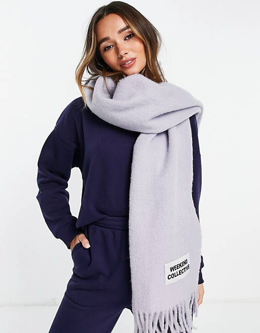 ASOS Weekend Collective long woven fluffy tassel scarf with logo in ice lilac