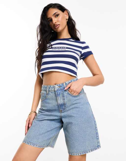 ASOS Weekend Collective longline denim shorts in acid blue wash, 2 of 5