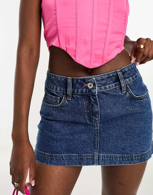 ASOS Weekend Collective low rise denim mini skirt in mid wash