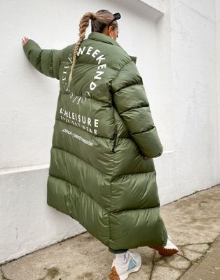 ASOS Weekend Collective maxi padded coat with back graphic in khaki - ASOS Price Checker
