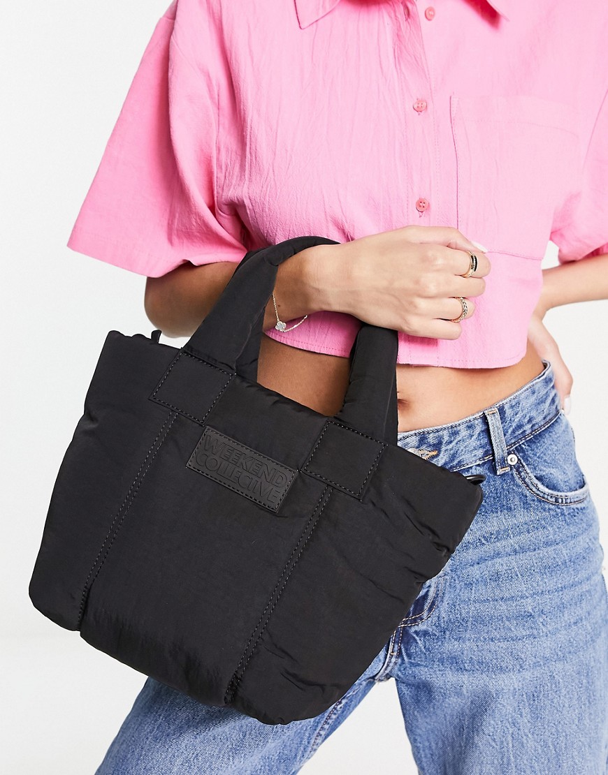 ASOS Weekend Collective mini padded nylon tote with crossbody strap in black