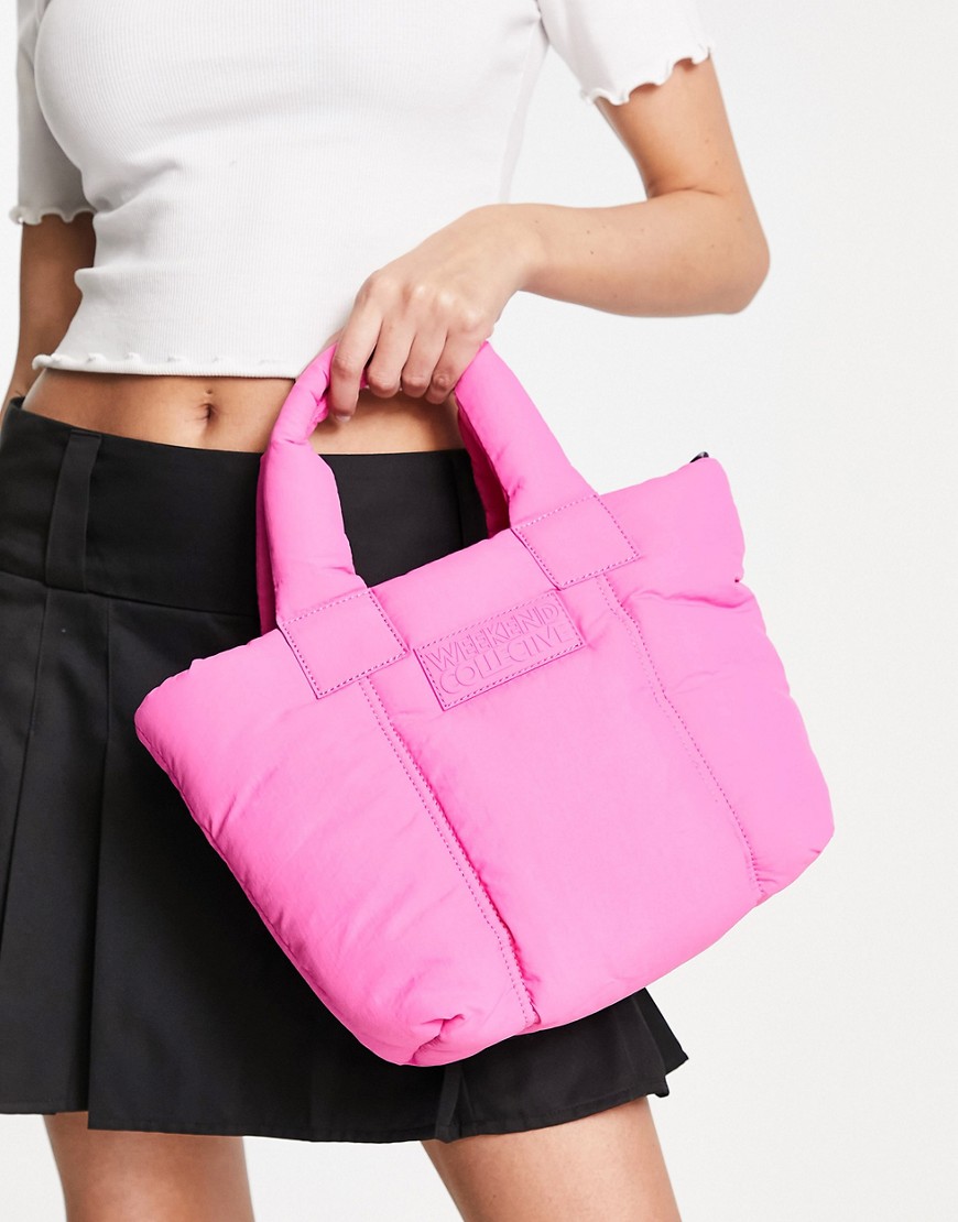 ASOS Weekend Collective mini padded nylon tote with crossbody strap in pink