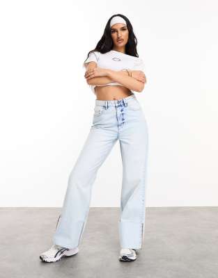 Asos Weekend Collective Mom Jeans With Cuff Detail In Light Wash-blue